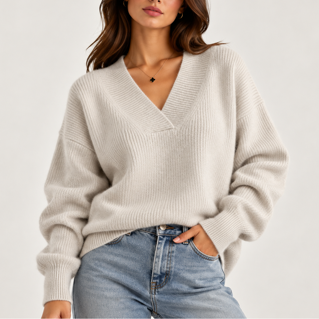 Oversized Striktrøje med V-hals
