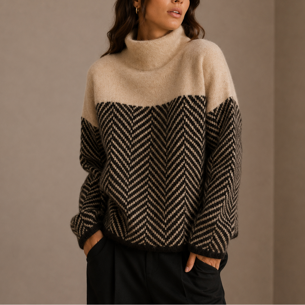 Oversized Striktrøje med Rullekrave