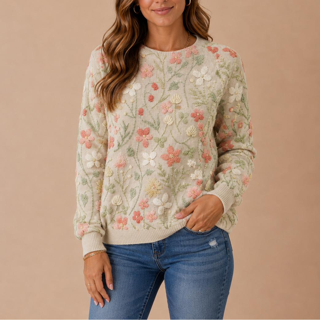 Striktrøje med Blomsterbroderi