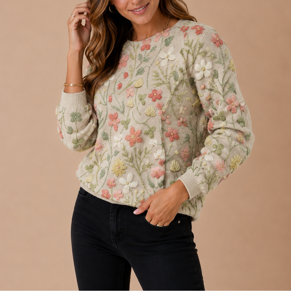 Striktrøje med Blomsterbroderi